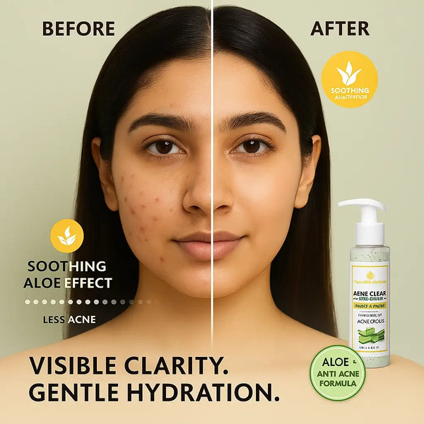 Before and after image of a woman using The Essentials Acne Clear Face Wash, showing reduced acne and clearer skin. The product bottle features Aloe + Anti Acne formula. Text highlights: “Soothing Aloe Effect,” “Less Acne,” and “Visible Clarity. Gentle Hydration.” on a soft green background.