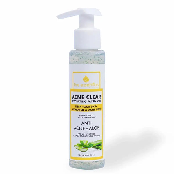 The Essentials Acne Clear Hydrating Face Wash in a transparent pump bottle with visible microbeads, featuring anti-acne and aloe formula. White background with product label highlighting: “Keep Your Skin Hydrated & Acne Free” and “Suitable for All Skin Types.”