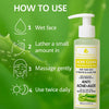 Usage guide for The Essentials Acne Clear Hydrating Face Wash on a green aloe background, showing step-by-step instructions: 1) Wet face, 2) Lather a small amount, 3) Massage gently, 4) Use twice daily. Product bottle displayed with aloe graphics and anti-acne claims.