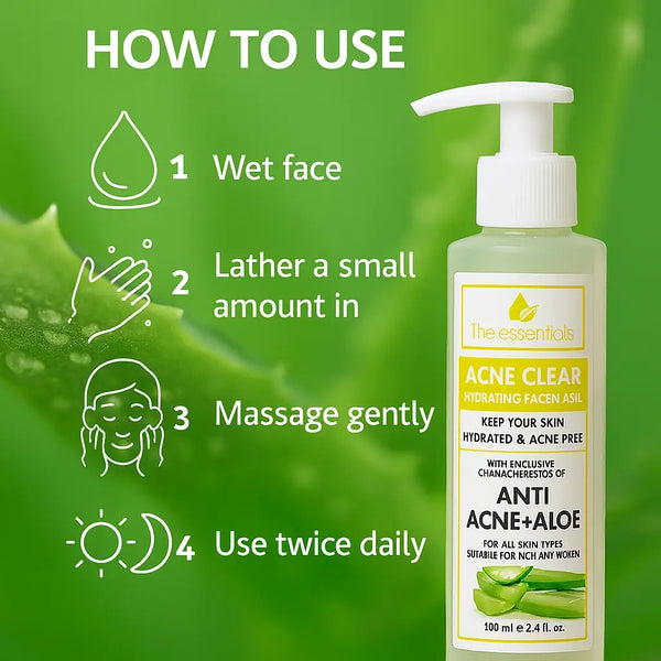 Usage guide for The Essentials Acne Clear Hydrating Face Wash on a green aloe background, showing step-by-step instructions: 1) Wet face, 2) Lather a small amount, 3) Massage gently, 4) Use twice daily. Product bottle displayed with aloe graphics and anti-acne claims.