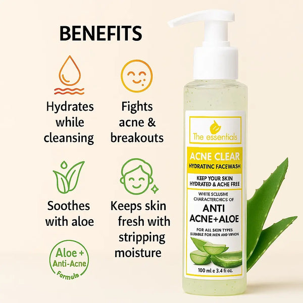 The Essentials Acne Clear Hydrating Face Wash bottle with icons and text showing its skincare benefits: hydrates while cleansing, fights acne and breakouts, soothes with aloe, and keeps skin fresh without stripping moisture. Displayed on a soft beige background with a clean and modern layout.
