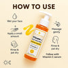 How to use The Essentials Vitamin C Éclat Face Wash – step-by-step skincare guide with illustrated icons showing wetting the face, applying a small amount, gentle massage, rinsing, and following with Vitamin C serum. Orange gel texture and product bottle displayed on a clean beige background.