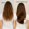 Before and after comparison of a woman’s hair using Almond Honey Bliss Conditioner – showing frizzy hair transformed into smooth, shiny locks after 2 weeks, with product bottle overlay