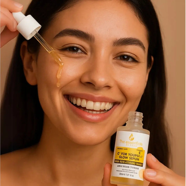 Model applying C For Yourself Glow Serum – radiant skin with lightweight vitamin C formula