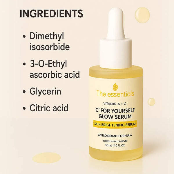 C For Yourself Glow Serum ingredients – includes Dimethyl Isosorbide, 3-O-Ethyl Ascorbic Acid, Glycerin, and Citric Acid