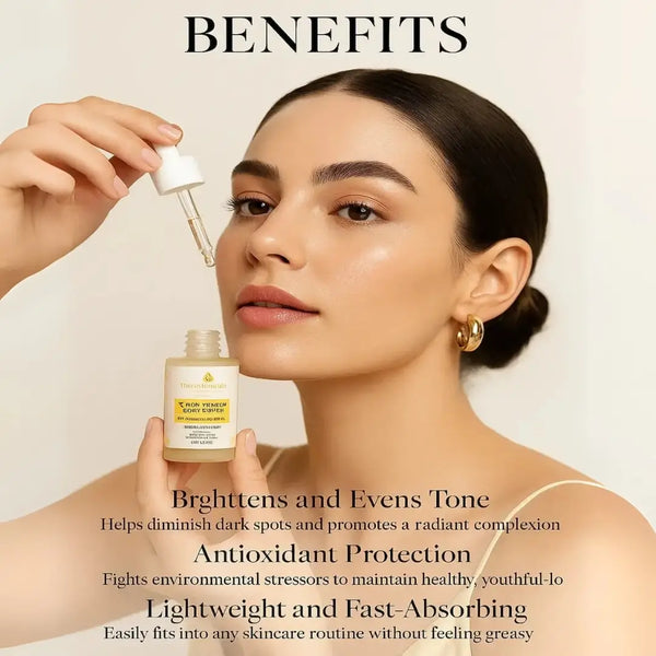 Model using C For Yourself Glow Serum – benefits include brightening, antioxidant protection, and fast absorption