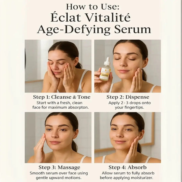 How to use Eclat Vitalite Age-Defying Serum – cleanse, apply, massage, and absorb for best results