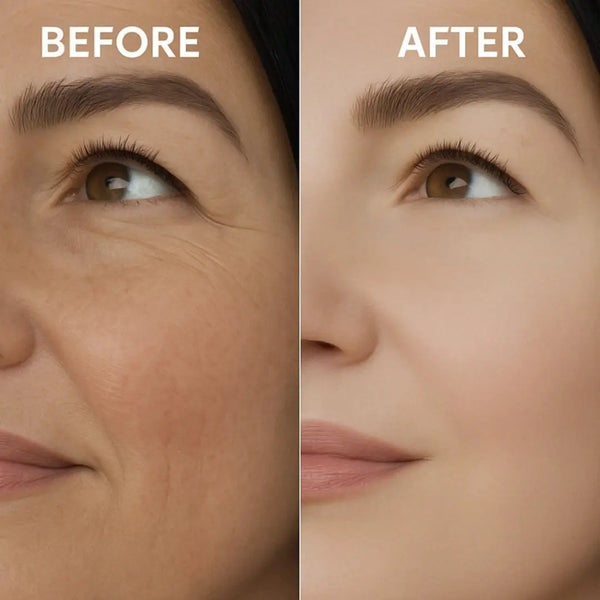 Before and after results using Eclat Vitalite Age-Defying Serum – visible reduction in wrinkles and smoother skin