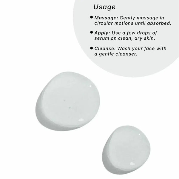 Minimalist usage guide for The Essentials face serum with clear gel drops and instructions: Cleanse with a gentle face wash, apply a few drops to clean, dry skin, and massage in circular motions until absorbed. Displayed on a clean white background with soft shadows.