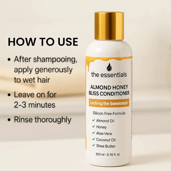 Instructions on how to use Almond Honey Bliss Conditioner – apply, leave for 2–3 mins, rinse
