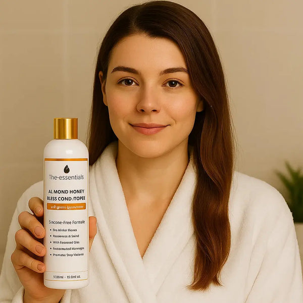 Woman in white robe holding The Essentials Almond Honey Bliss Conditioner – ideal for hair care routine