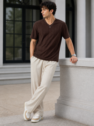 Dark Brown Textured V-Neck T-Shirt