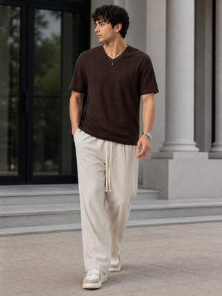 Dark Brown Textured V-Neck T-Shirt