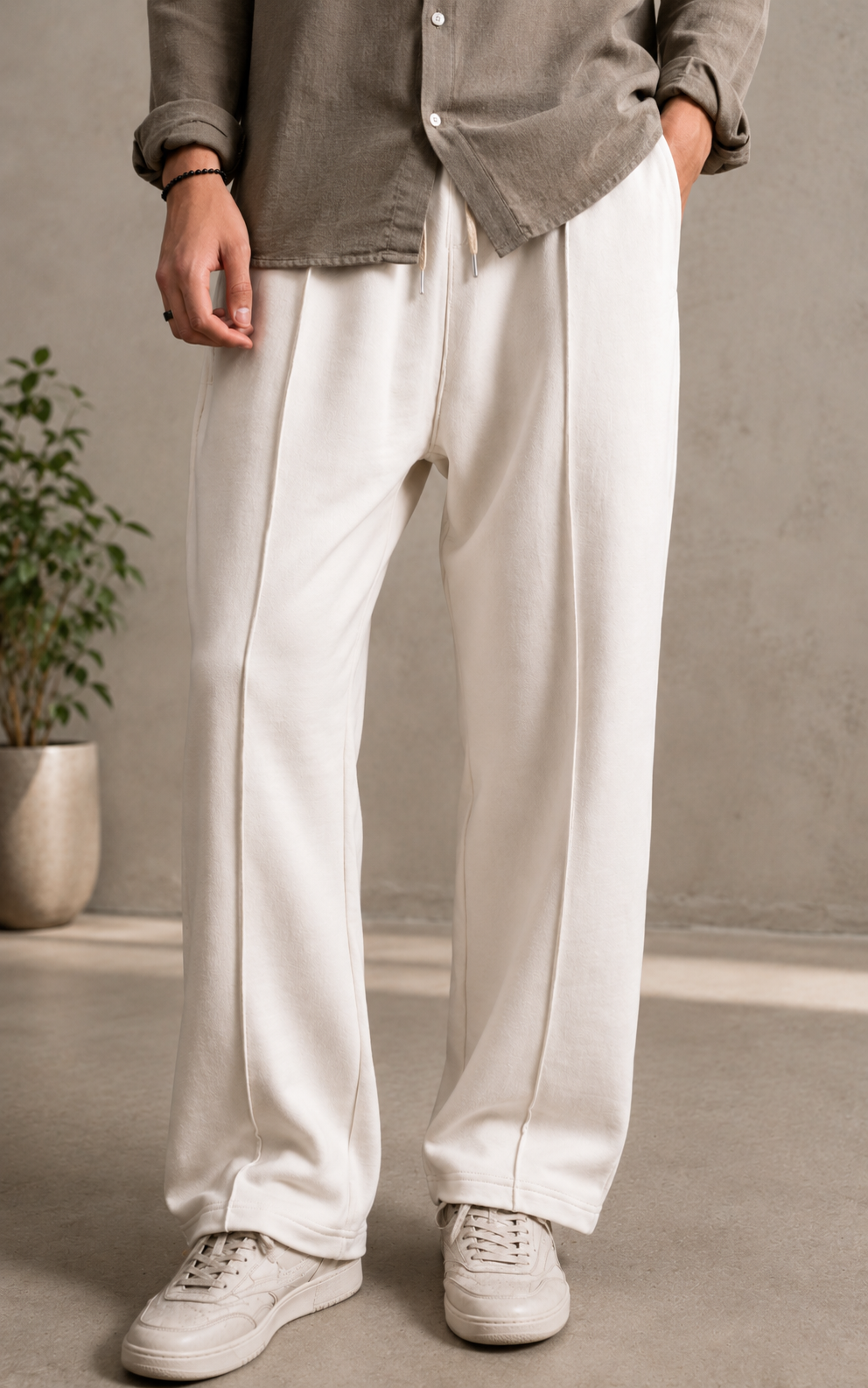 Relaxed Fit Platted Trouser - Cream Beige