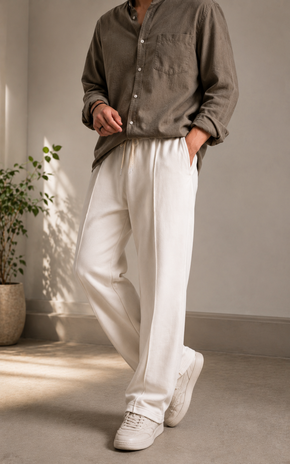 Relaxed Fit Platted Trouser - Cream Beige