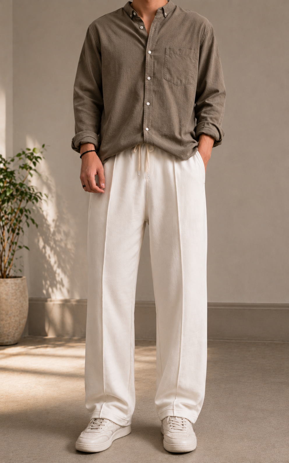 Relaxed Fit Platted Trouser - Cream Beige