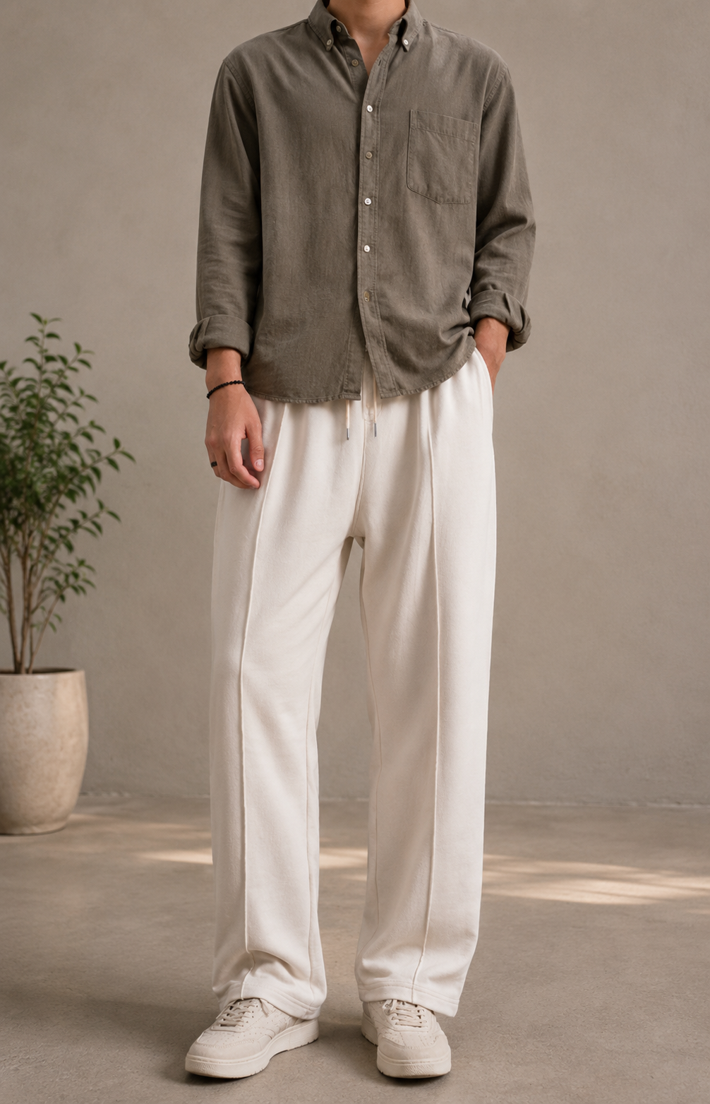 Relaxed Fit Platted Trouser - Cream Beige
