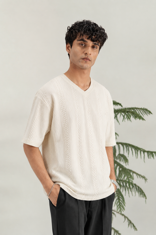 Cream Textured V-Neck T-Shirt