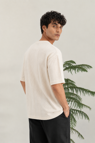Cream Textured V-Neck T-Shirt