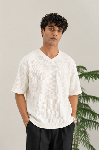 Cream Textured V-Neck T-Shirt