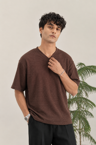 Dark Brown Textured V-Neck T-Shirt