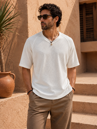 White Textured V-Neck T-Shirt