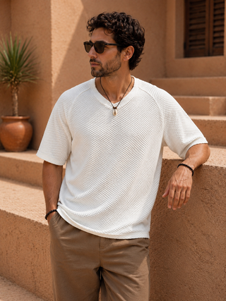 White Textured V-Neck T-Shirt