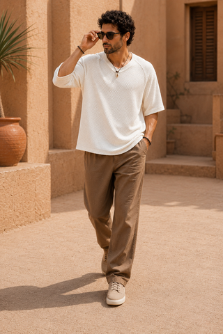 White Textured V-Neck T-Shirt