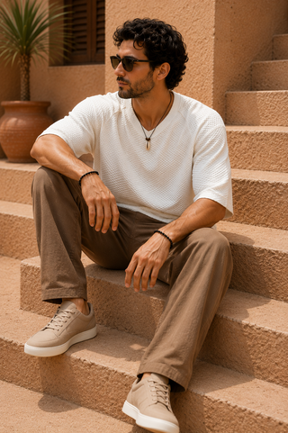 White Textured V-Neck T-Shirt