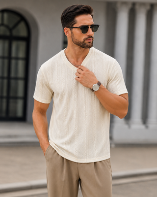 Cream Textured V-Neck T-Shirt