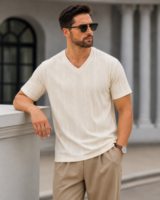 Cream Textured V-Neck T-Shirt
