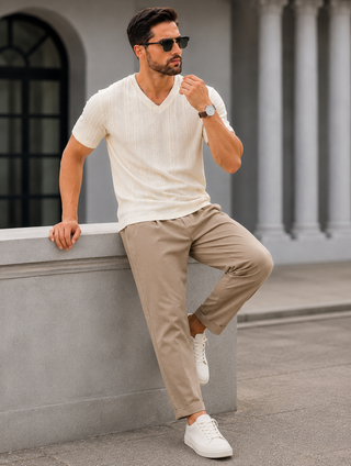Cream Textured V-Neck T-Shirt