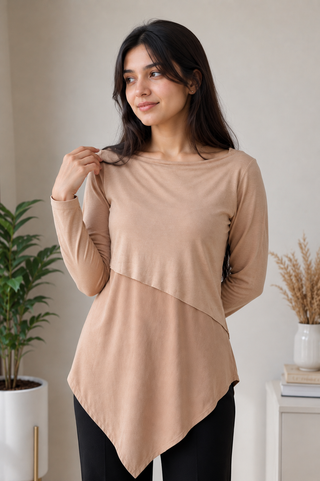 Beige asymmetric tunic women co-ord set front view
