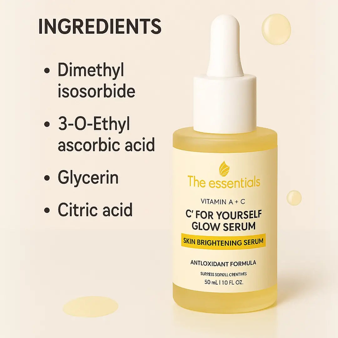 C For Yourself Glow Serum ingredients – includes Dimethyl Isosorbide, 3-O-Ethyl Ascorbic Acid, Glycerin, and Citric Acid
