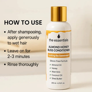 Instructions on how to use Almond Honey Bliss Conditioner – apply, leave for 2–3 mins, rinse