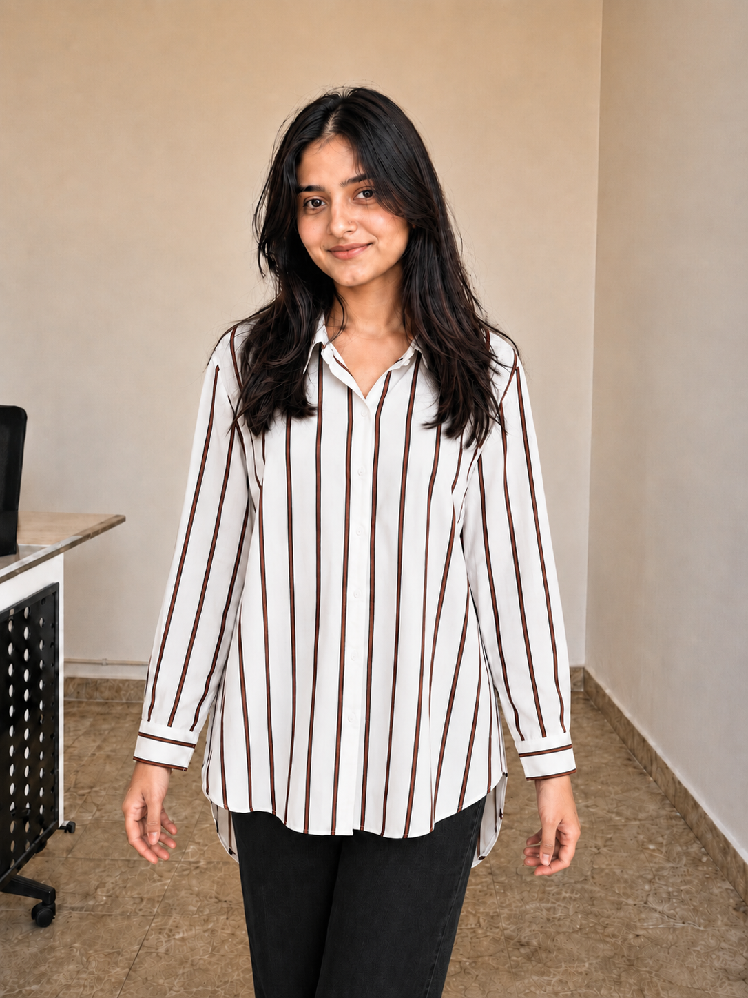 Ivory stripe button women co-ord set front view