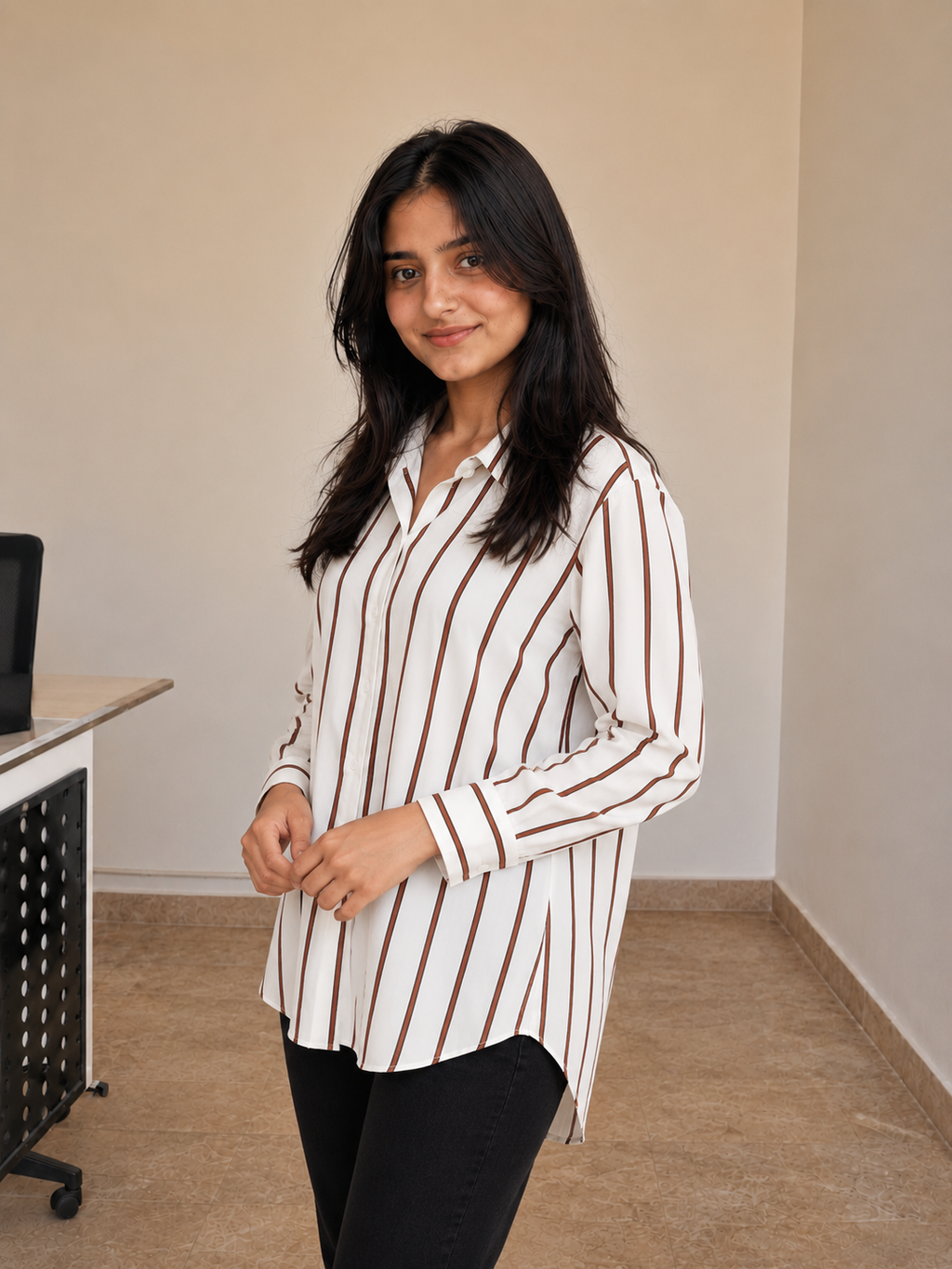 Ivory stripe button women co-ord set side view