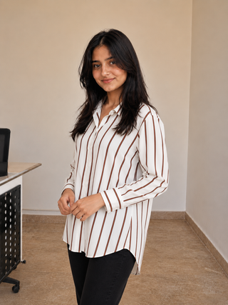 Ivory stripe button women co-ord set side view