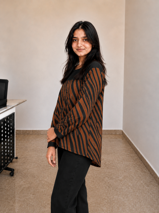 Mocha stripe relaxed women co-ord set side view