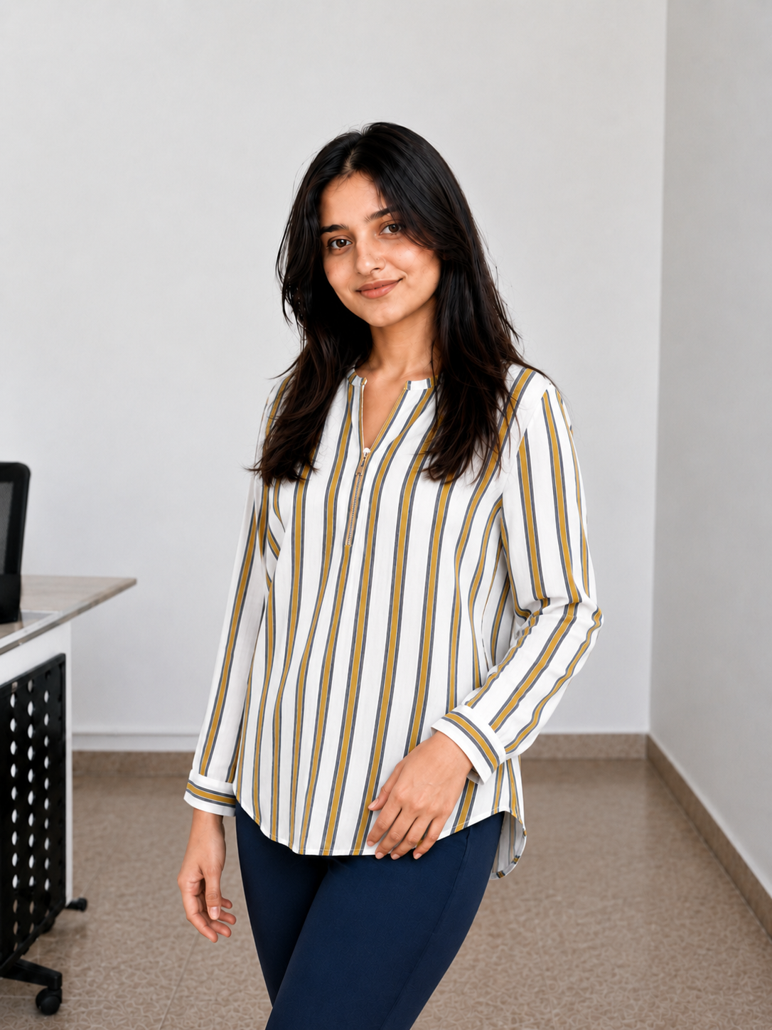 Mustard stripe button women co-ord set side view