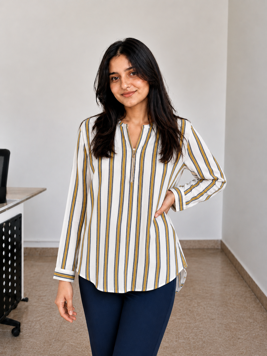 Mustard stripe button women co-ord set front view