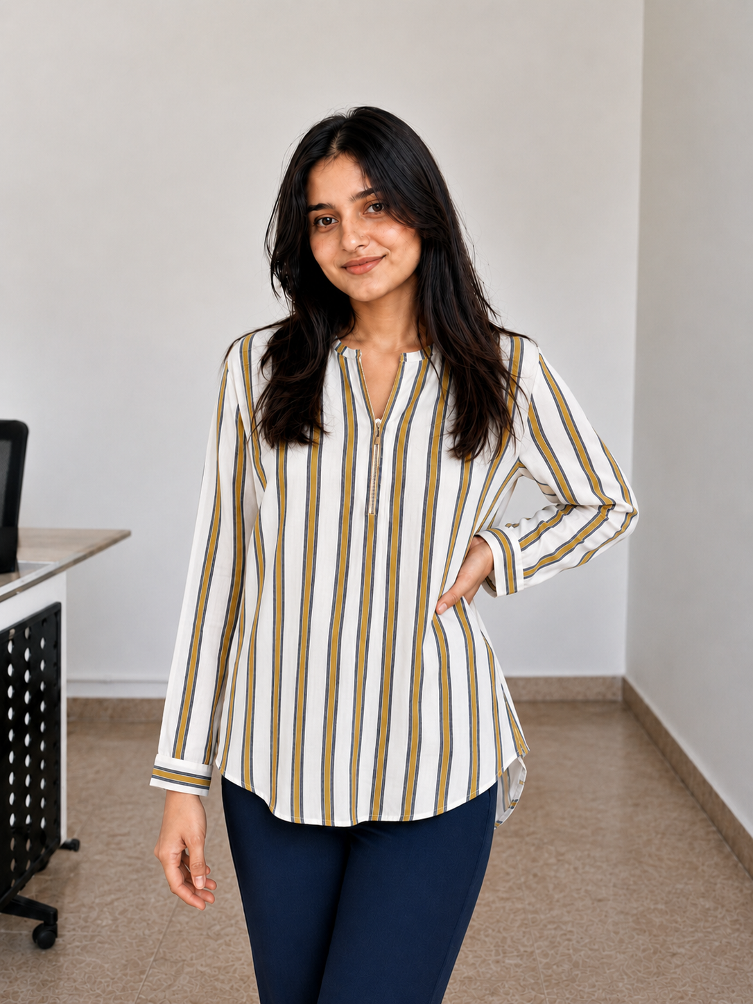 Mustard stripe button women co-ord set front view