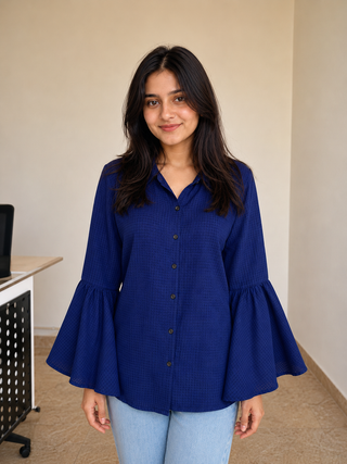 Royal blue bell sleeve women co-ord set front view