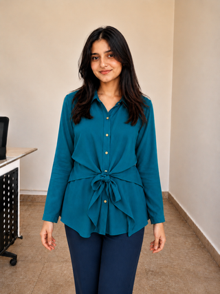 Teal tie-front women co-ord set front view