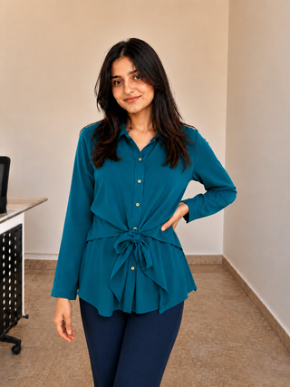 Teal tie-front women co-ord set side view